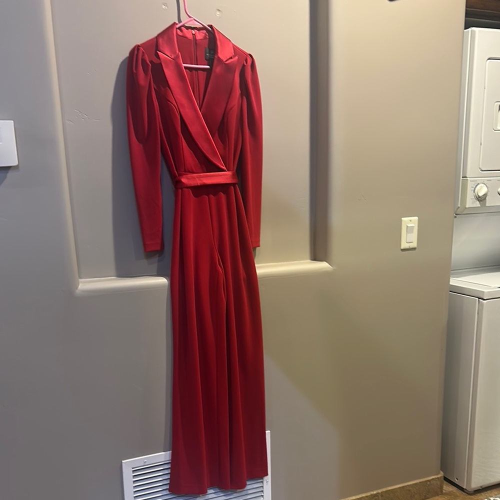 Adrianna Papell Red Plunge Neck Bishop Sleeve Jumpsuit